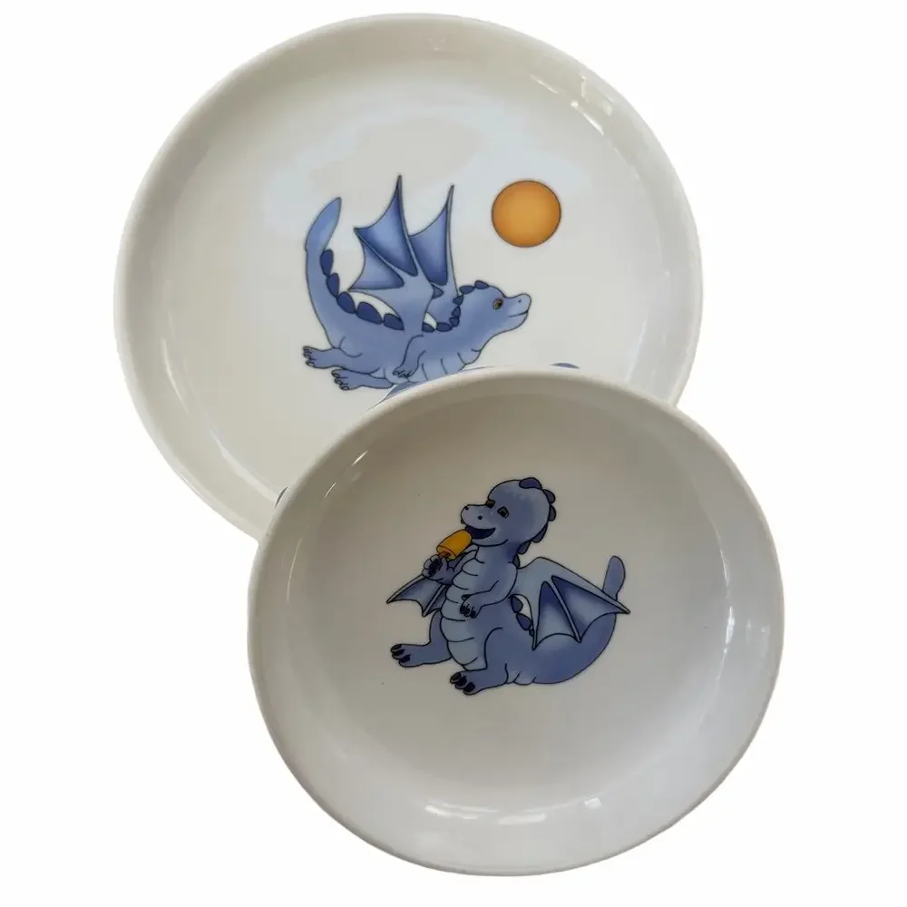IKEA Smaskig Vintage 1999 Flying Dragon Plate & Bowl Set Porcelain 16558 Footed